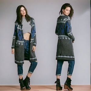 Free People Fair Isle Med Gray Longline Button Cardi Mohair Wool Pocket Coatigan